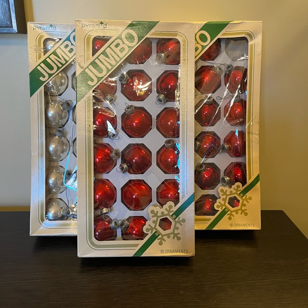 53 Ornaments Vintage Christmas Glass 1.75” Dia Pyramid Gold Red Original Boxes